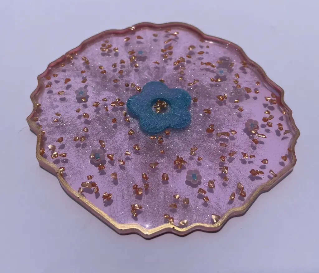 Pink with gold flakes and blue flower Coaster - GMC020