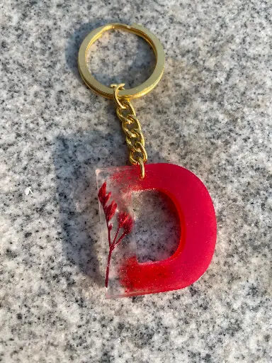 Letter 'D' in red with flower Keychain -GMK055