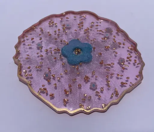 Pink with gold flakes and blue flower Coaster - GMC020